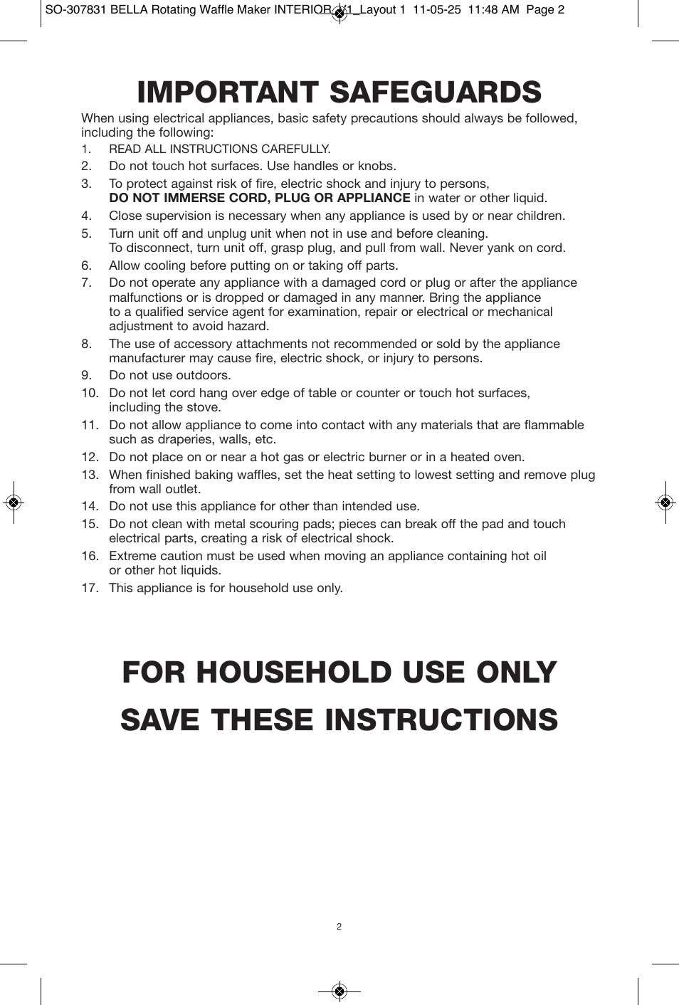 Important safeguards, For household use only save these instructions | BELLA 13591 Rotating Waffle Maker User Manual | Page 3 / 26