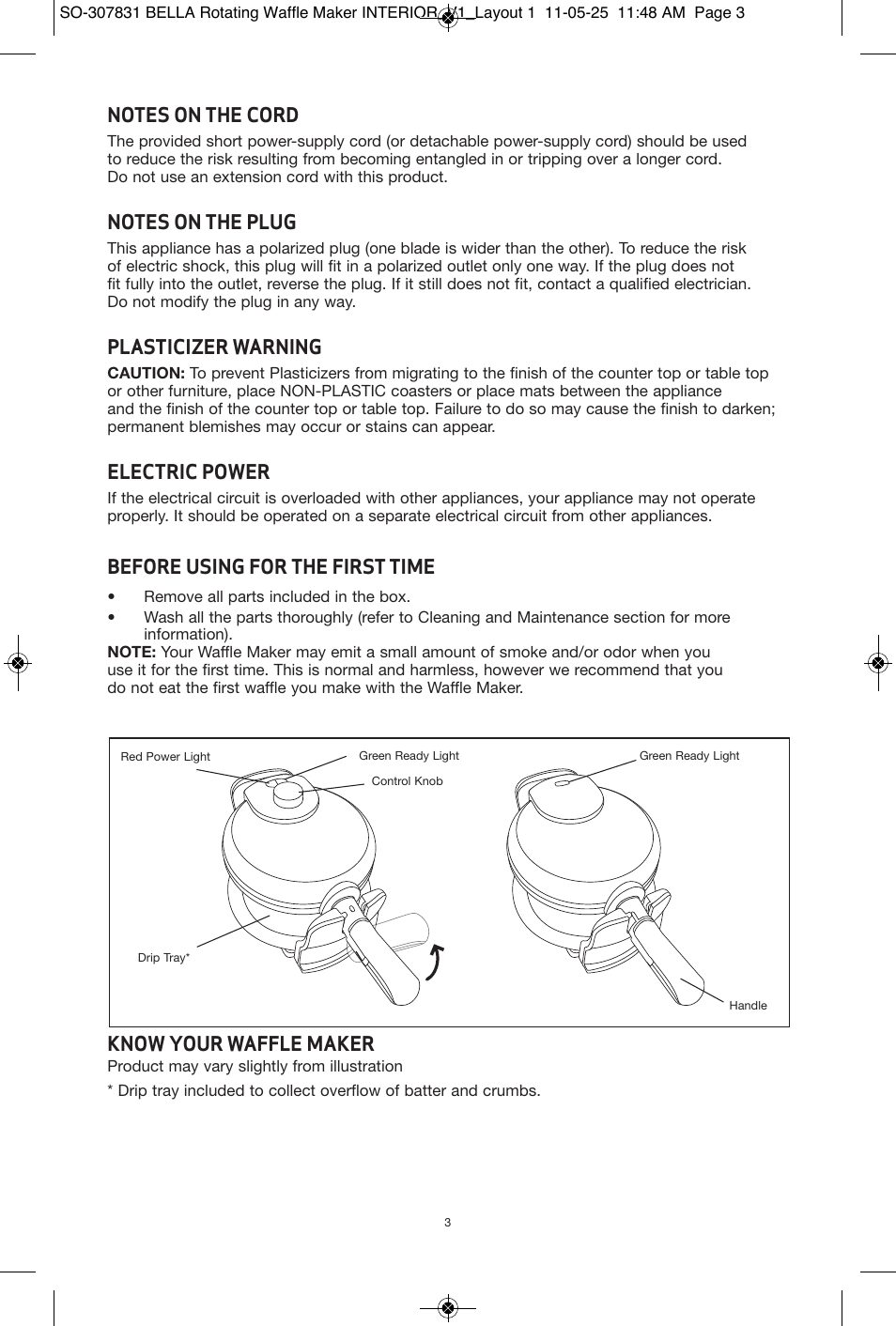 Plasticizer warning, Electric power, Before using for the first time | Know your waffle maker | BELLA 13591 Rotating Waffle Maker User Manual | Page 4 / 26