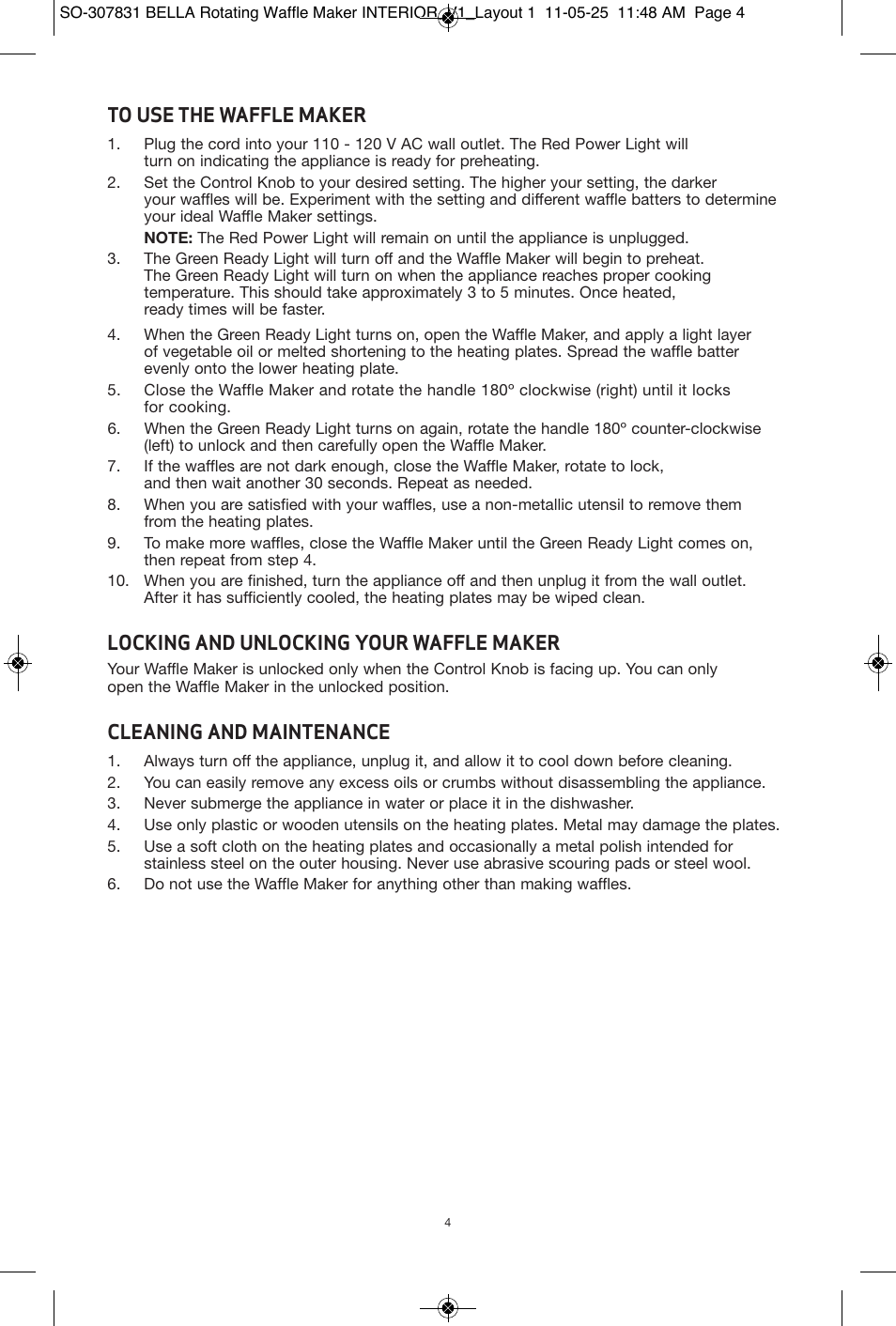 Locking and unlocking your waffle maker, Cleaning and maintenance | BELLA 13591 Rotating Waffle Maker User Manual | Page 5 / 26