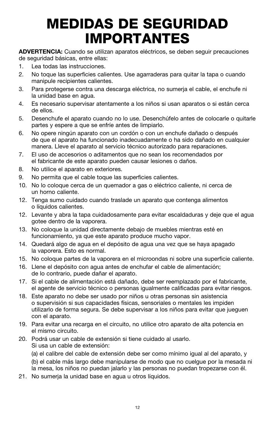 Medidas de seguridad importantes | BELLA 13872 Food Steamer User Manual | Page 14 / 24