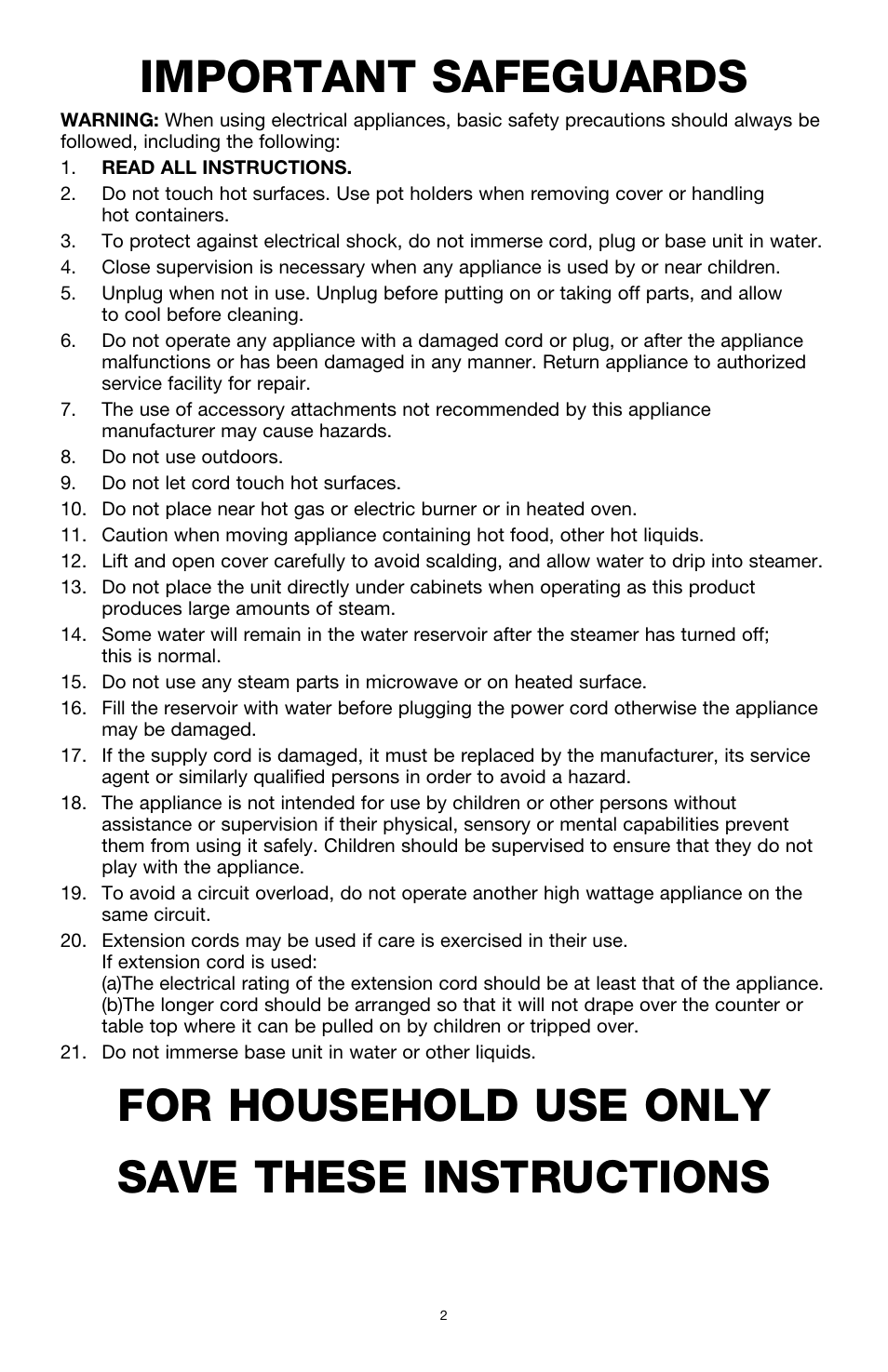 Important safeguards, For household use only save these instructions | BELLA 13872 Food Steamer User Manual | Page 4 / 24