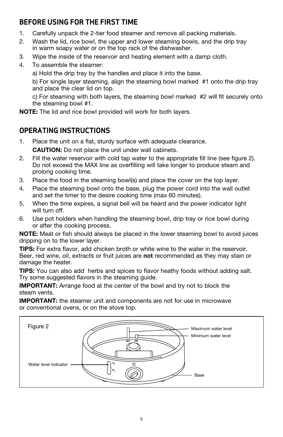 Before using for the first time, Operating instructions | BELLA 13872 Food Steamer User Manual | Page 7 / 24