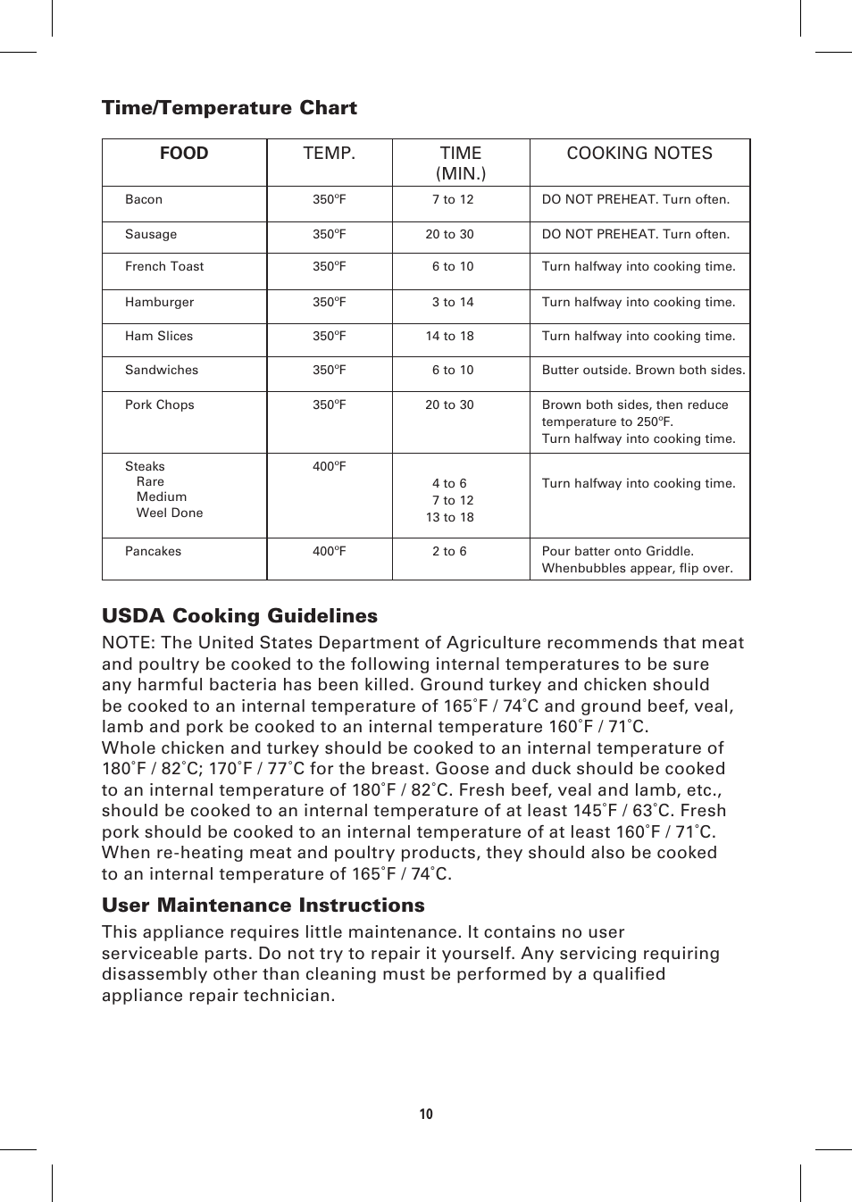 Time/temperature chart usda cooking guidelines, User maintenance instructions | BELLA 13057 10 x 18 Griddle User Manual | Page 10 / 36