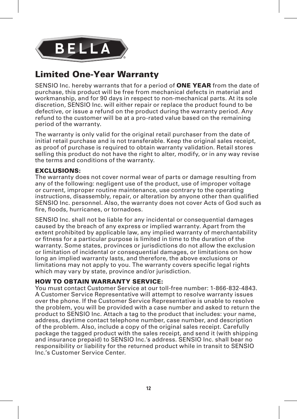 Limited one-year warranty | BELLA 13057 10 x 18 Griddle User Manual | Page 12 / 36