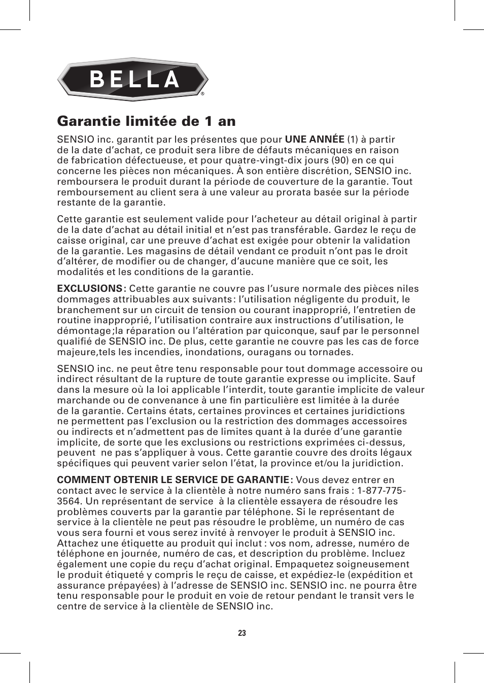 Garantie limitée de 1 an | BELLA 13057 10 x 18 Griddle User Manual | Page 23 / 36