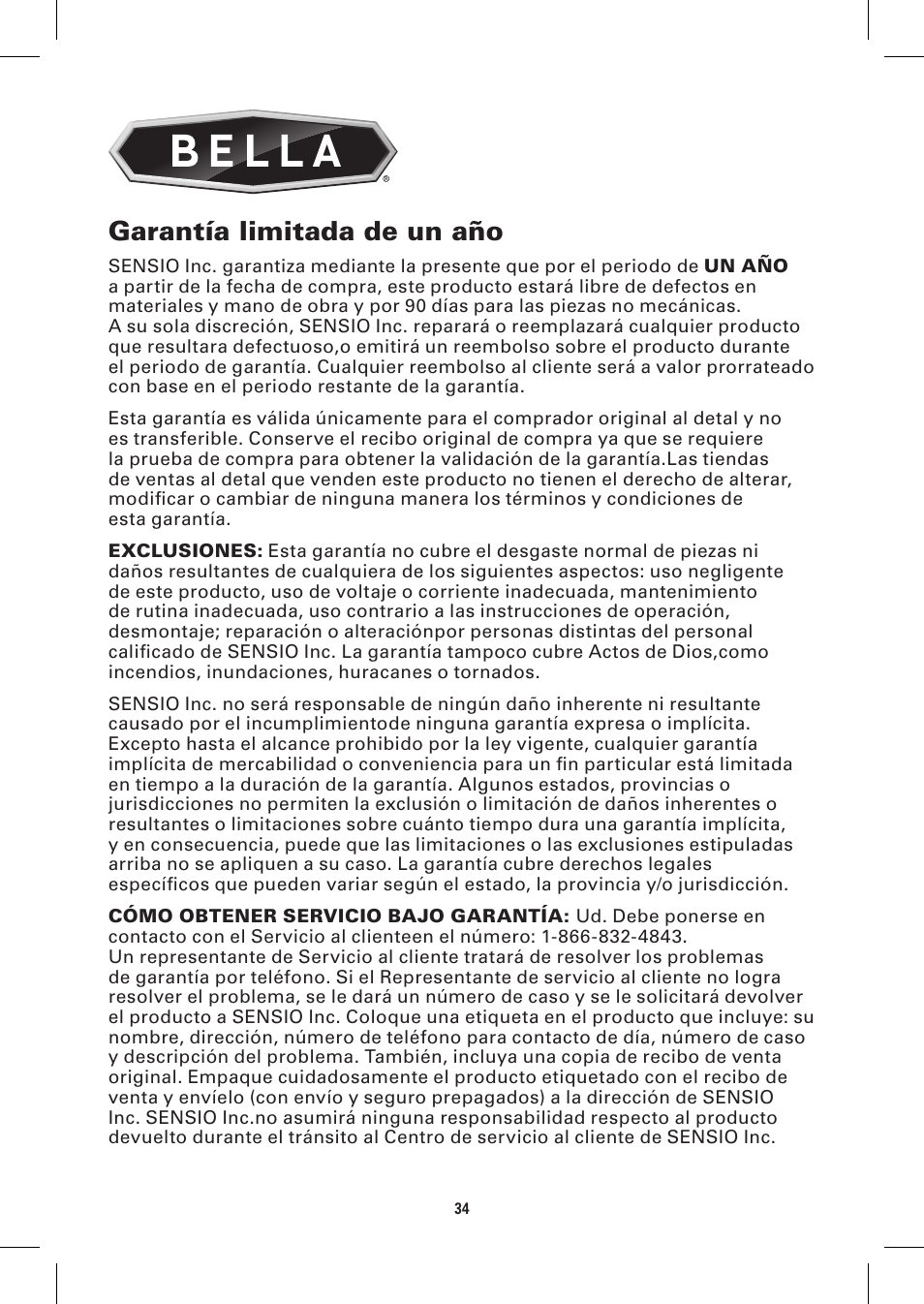 Garantía limitada de un año | BELLA 13057 10 x 18 Griddle User Manual | Page 34 / 36