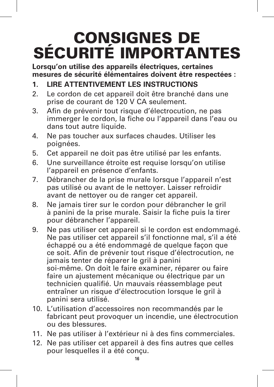 Consignes de sécurité importantes | BELLA 13944 Panini Maker User Manual | Page 18 / 50