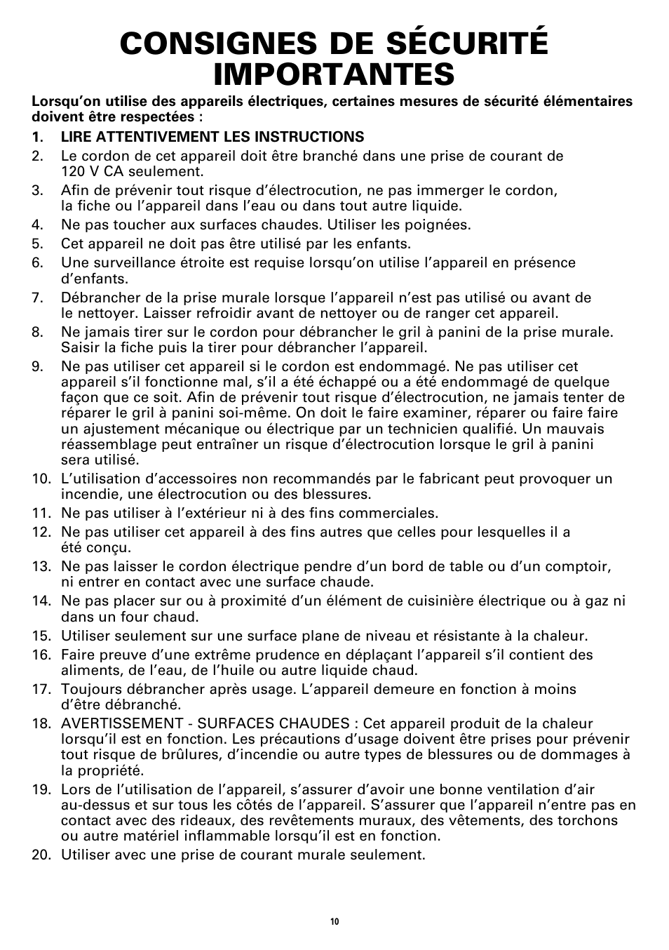 Consignes de sécurité importantes | BELLA 13267 Panini Maker User Manual | Page 12 / 28