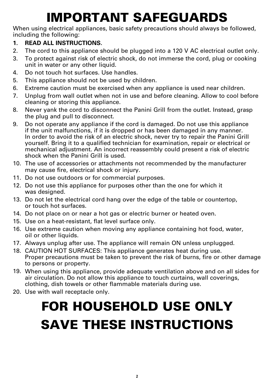 Important safeguards, For household use only save these instructions | BELLA 13267 Panini Maker User Manual | Page 4 / 28