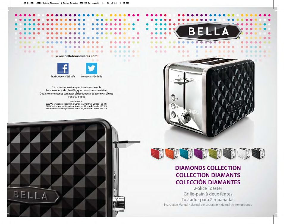 BELLA 13780 Diamonds Collection 2-Slice Toaster User Manual | 18 pages