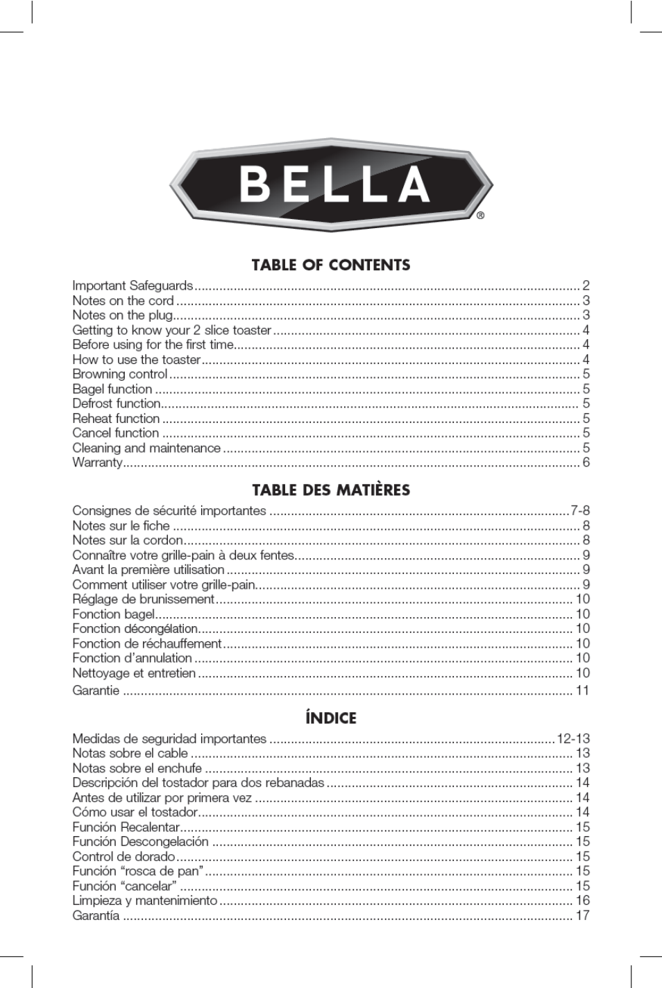 BELLA 13780 Diamonds Collection 2-Slice Toaster User Manual | Page 2 / 18
