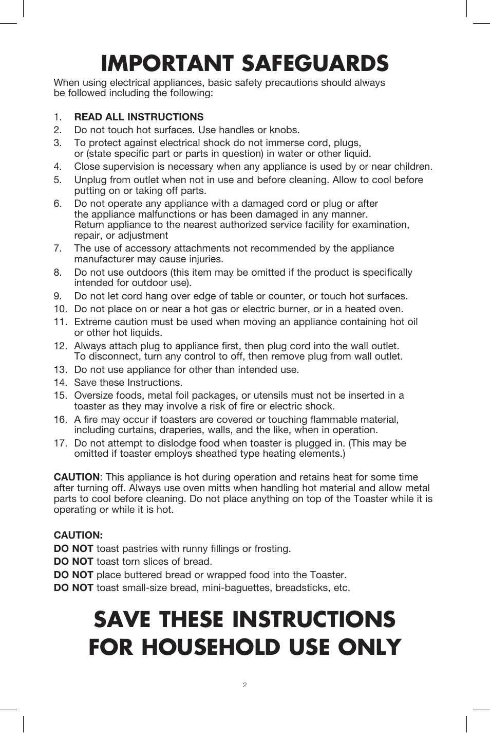 Important safeguards, Save these instructions for household use only | BELLA 13780 Diamonds Collection 2-Slice Toaster User Manual | Page 3 / 18