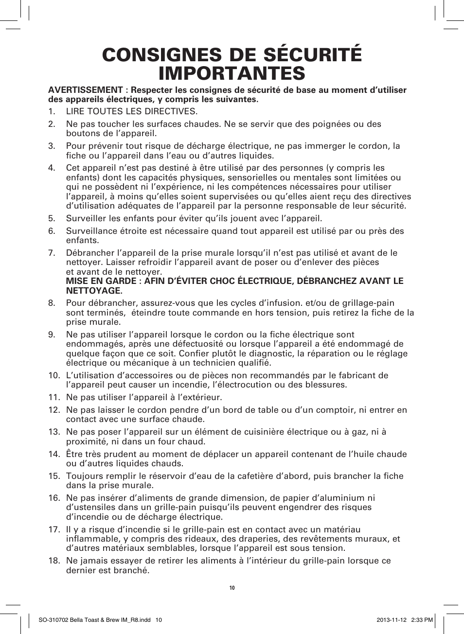 Consignes de sécurité importantes | BELLA 14081 Toast and Brew Breakfast Station User Manual | Page 12 / 28