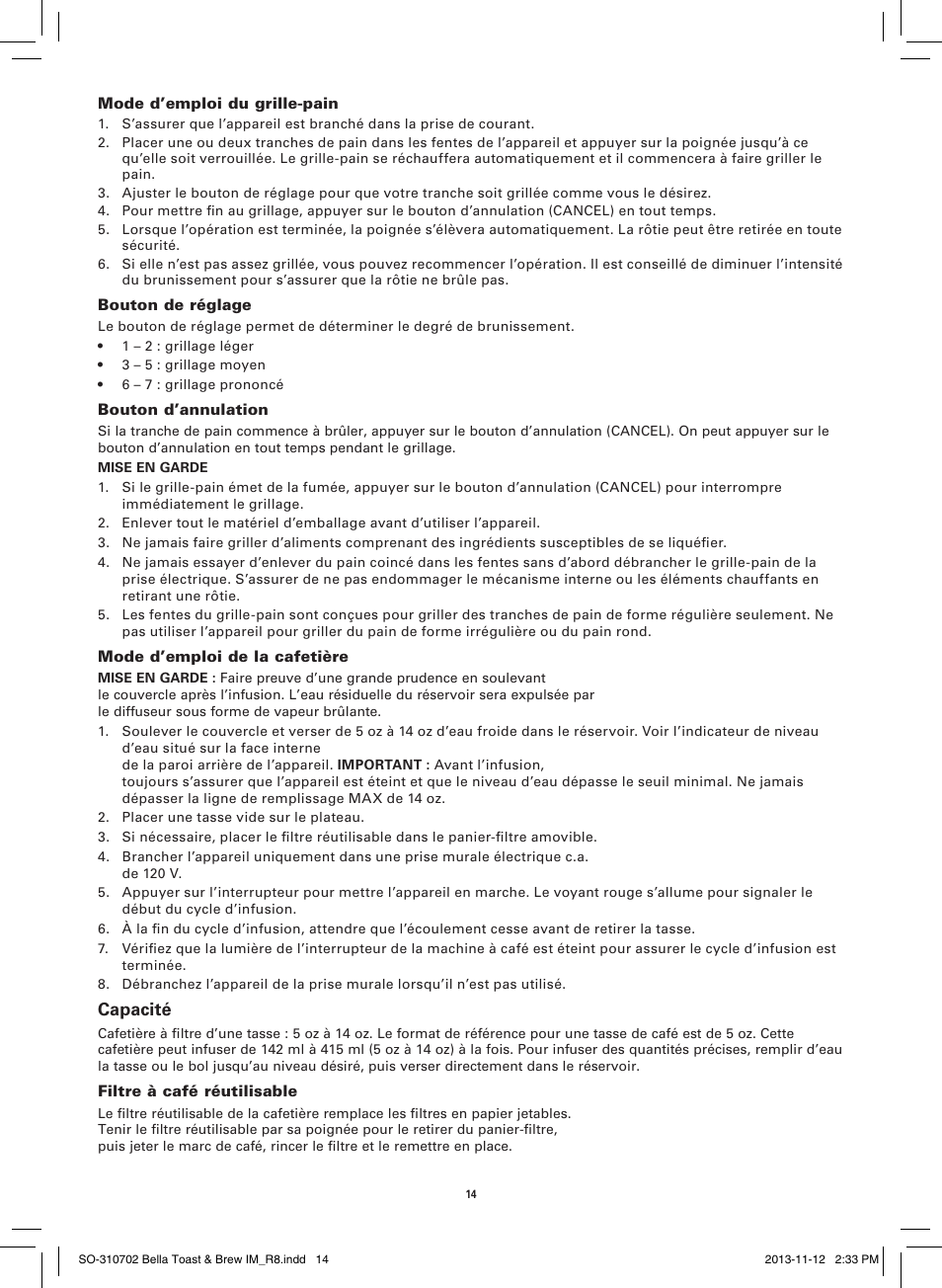 Capacité | BELLA 14081 Toast and Brew Breakfast Station User Manual | Page 16 / 28
