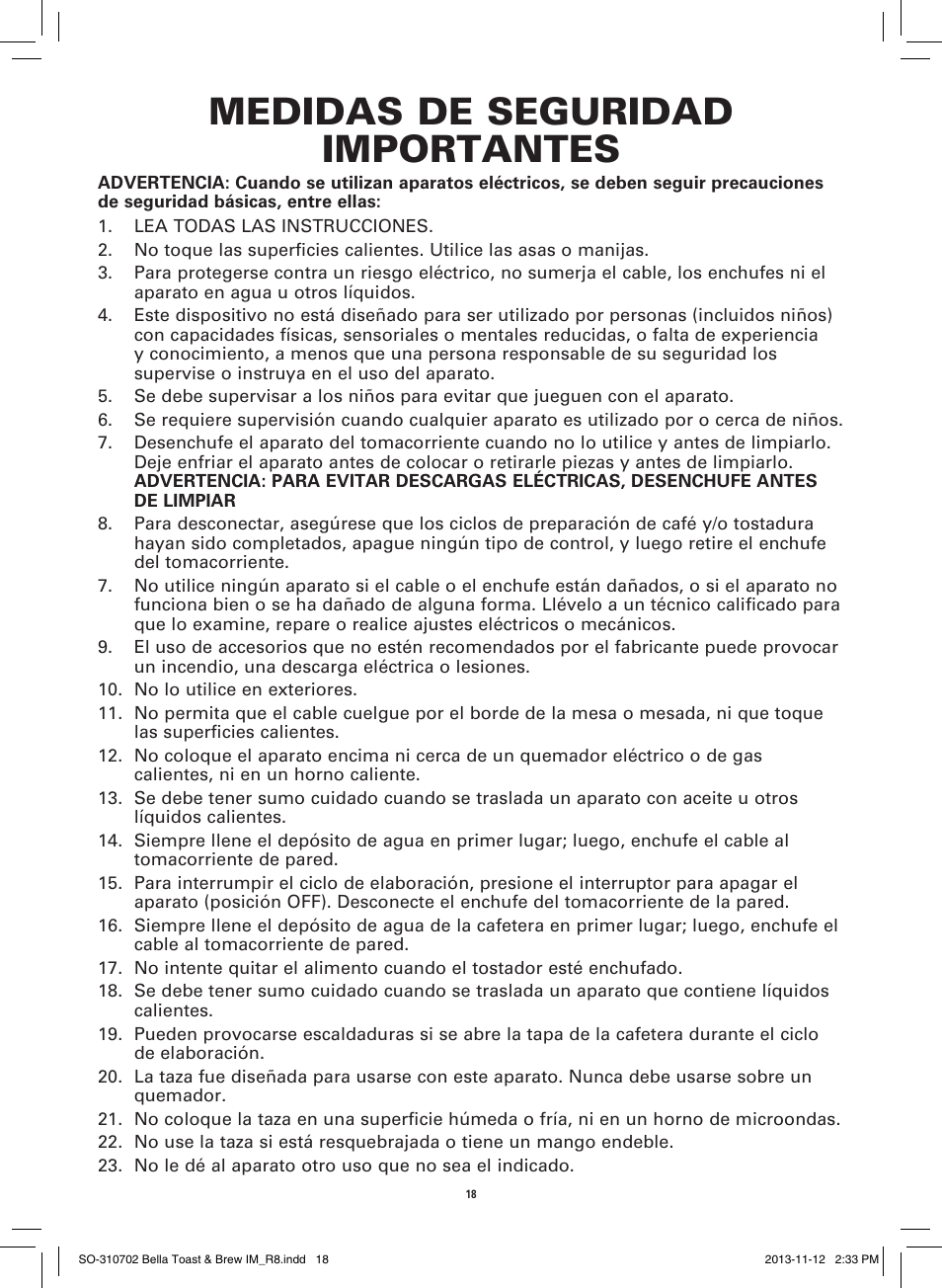 Medidas de seguridad importantes | BELLA 14023 Toast and Brew Breakfast Station User Manual | Page 20 / 28