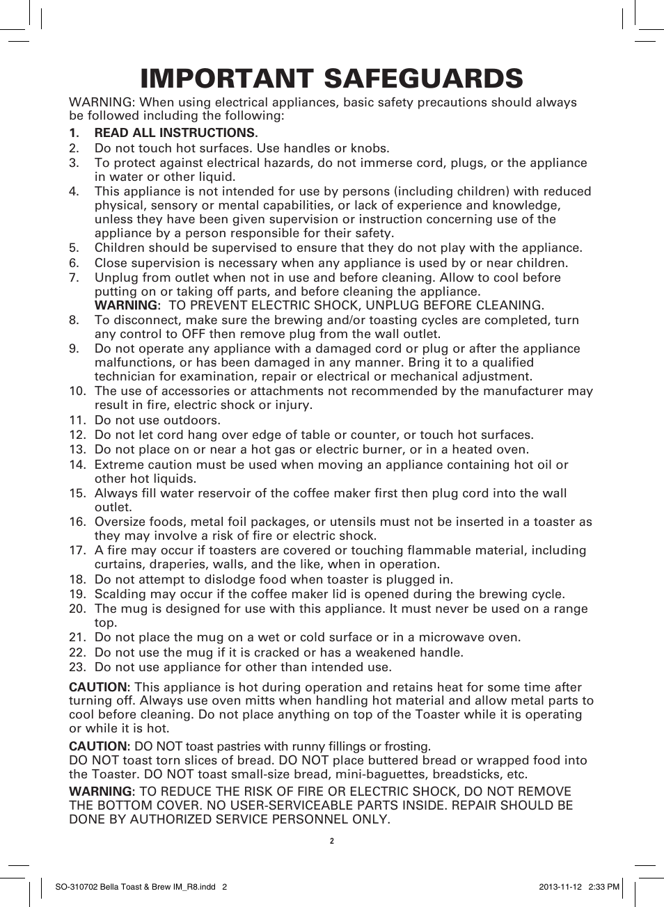 Important safeguards | BELLA 14023 Toast and Brew Breakfast Station User Manual | Page 4 / 28