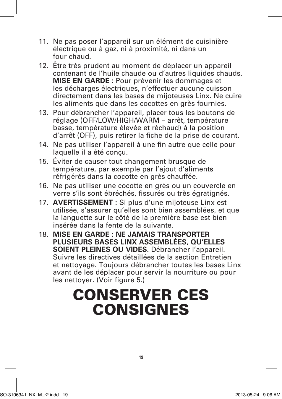 Conserver ces consignes | BELLA 14013 2 X 2.5QT Linkable Slow Cooker System User Manual | Page 20 / 53