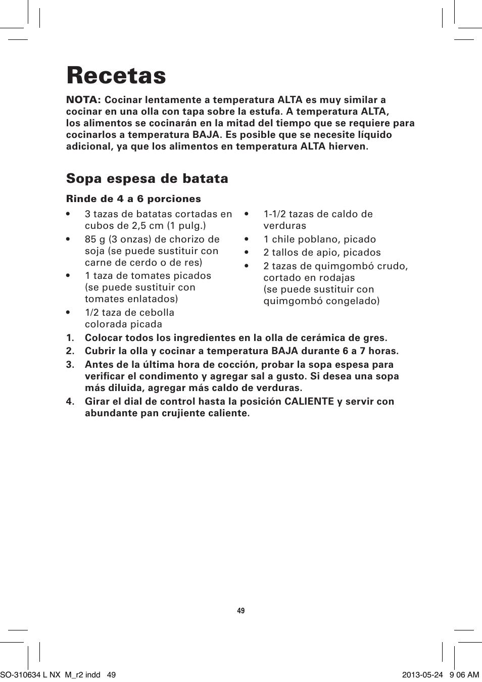 Recetas, Sopa espesa de batata | BELLA 14013 2 X 2.5QT Linkable Slow Cooker System User Manual | Page 50 / 53