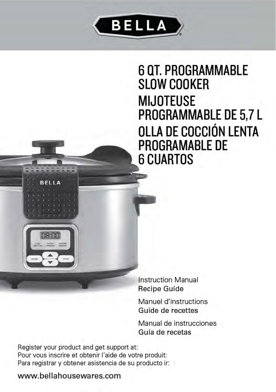 BELLA 13722 6QT Portable Slow Cooker Programmable User Manual | 32 pages