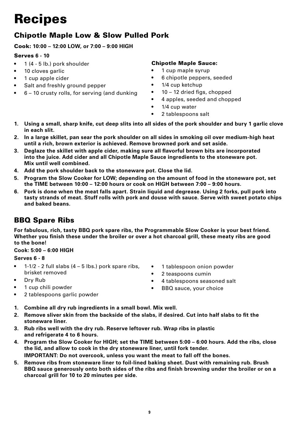 Recipes, Chipotle maple low & slow pulled pork, Bbq spare ribs | BELLA 13722 6QT Portable Slow Cooker Programmable User Manual | Page 11 / 32