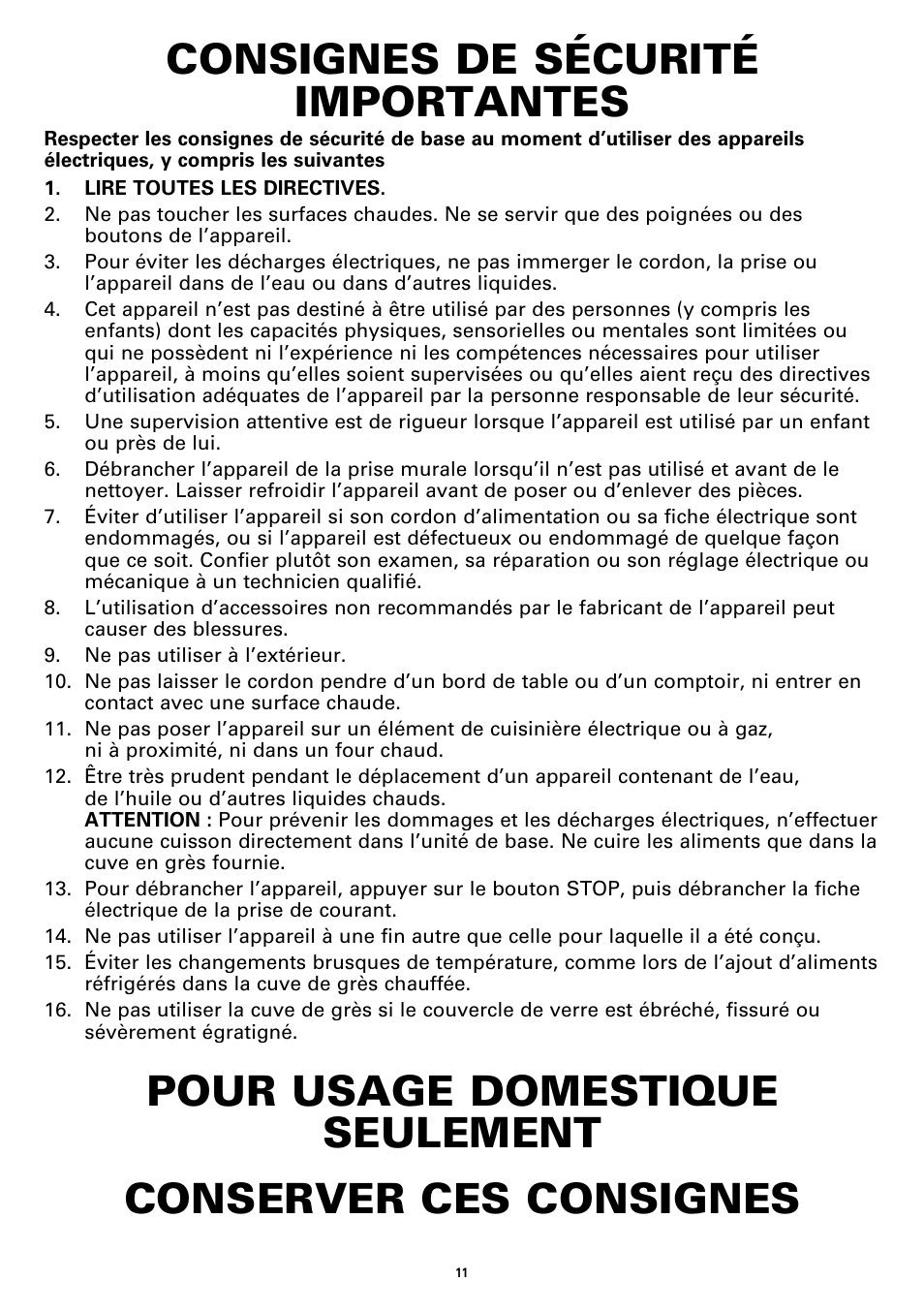 Consignes de sécurité importantes | BELLA 13722 6QT Portable Slow Cooker Programmable User Manual | Page 13 / 32