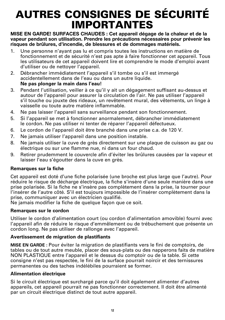 Autres consignes de sécurité importantes | BELLA 13722 6QT Portable Slow Cooker Programmable User Manual | Page 14 / 32