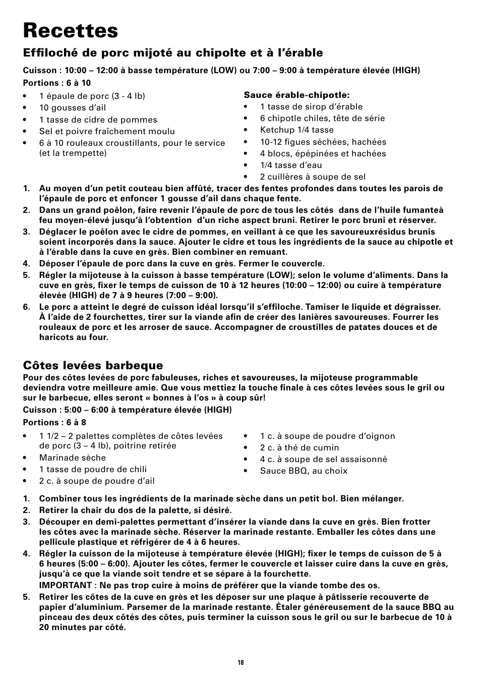 Recettes, Effiloché de porc mijoté au chipolte et à l’érable, Côtes levées barbeque | BELLA 13722 6QT Portable Slow Cooker Programmable User Manual | Page 20 / 32