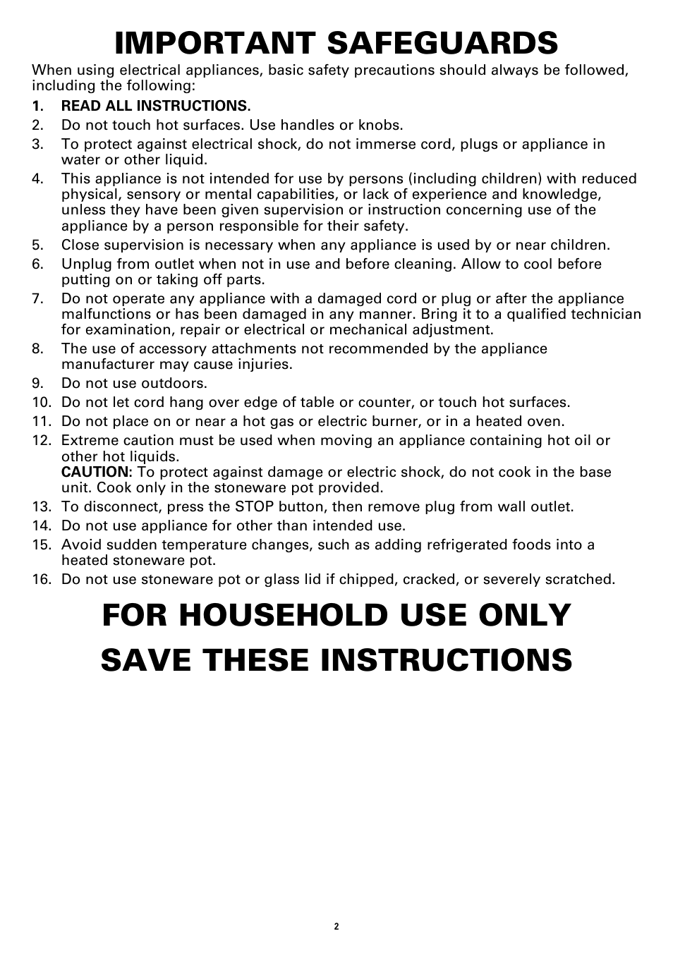 Important safeguards, For household use only save these instructions | BELLA 13722 6QT Portable Slow Cooker Programmable User Manual | Page 4 / 32
