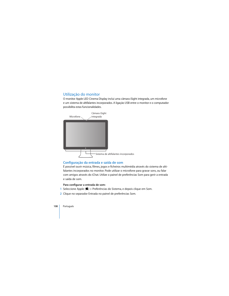 Utilização do monitor, Configuração da entrada e saída de som | Apple LED Cinema Display (2008) User Manual | Page 108 / 122