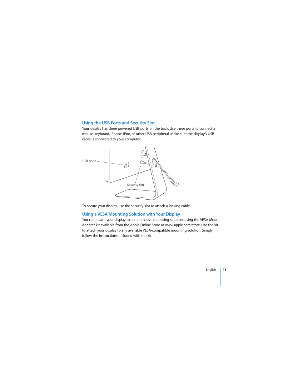 Using the usb ports and security slot, Using a vesa mounting solution with your display | Apple LED Cinema Display (2008) User Manual | Page 13 / 122