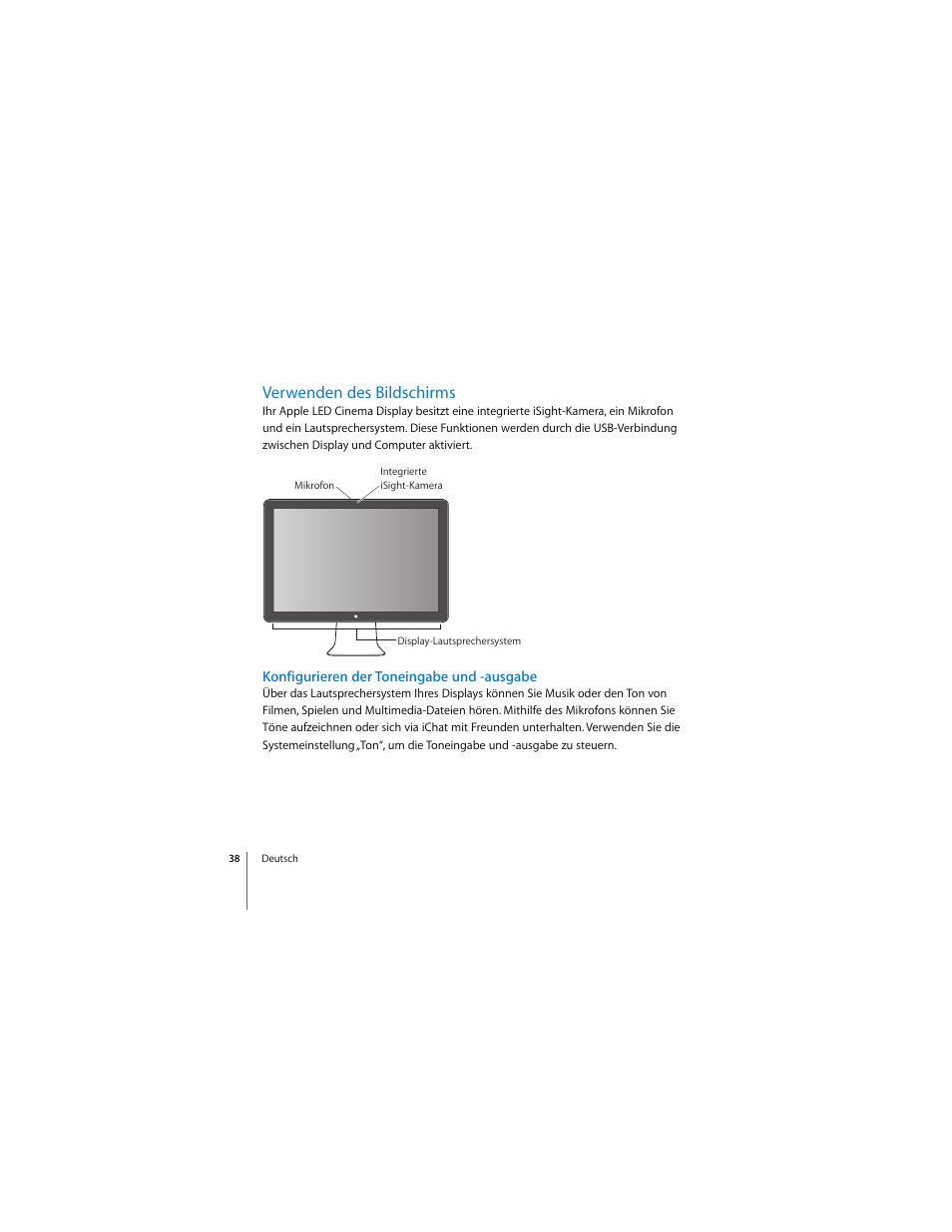 Verwenden des bildschirms, Konfigurieren der toneingabe und -ausgabe | Apple LED Cinema Display (2008) User Manual | Page 38 / 122