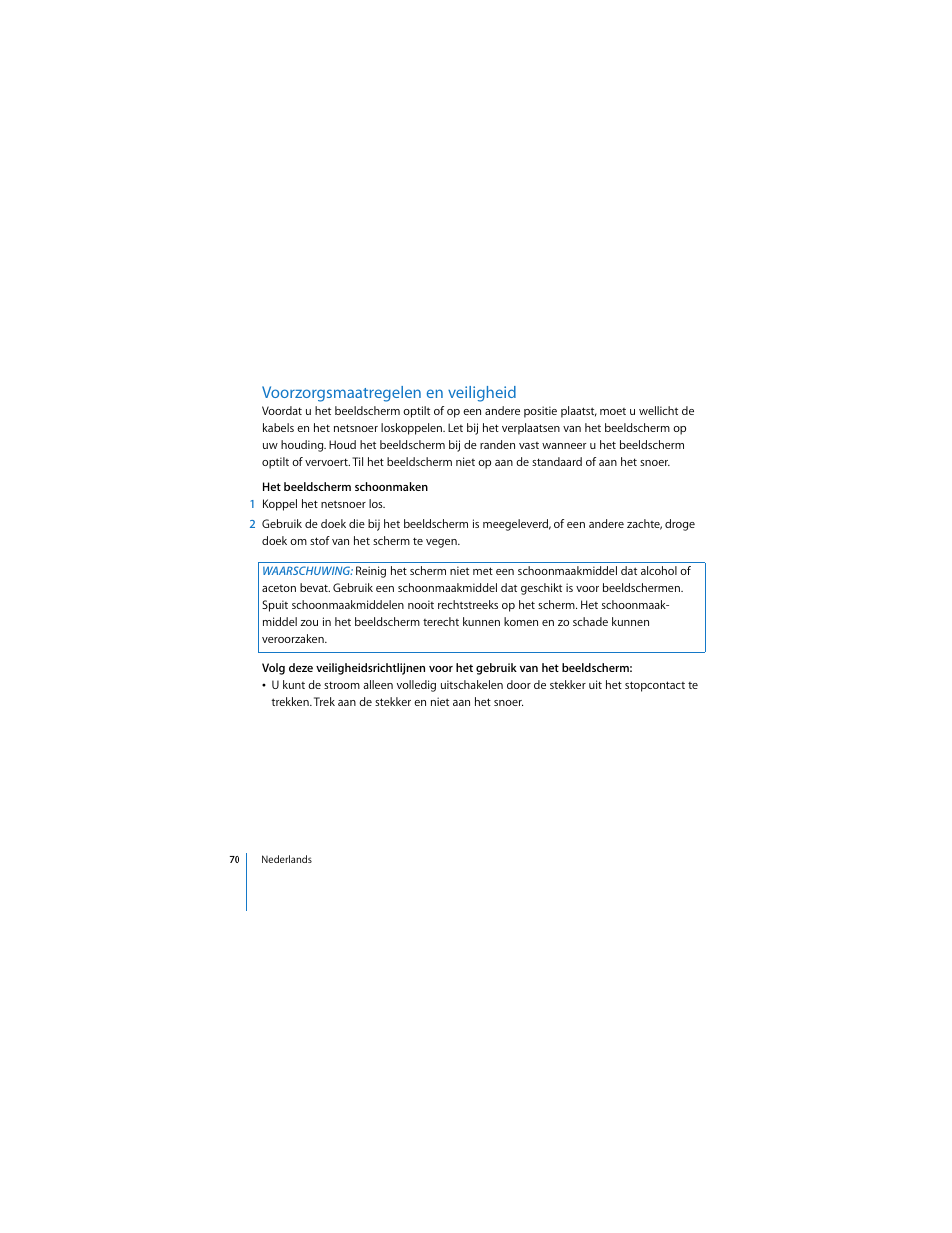 Voorzorgsmaatregelen en veiligheid | Apple LED Cinema Display (2008) User Manual | Page 70 / 122