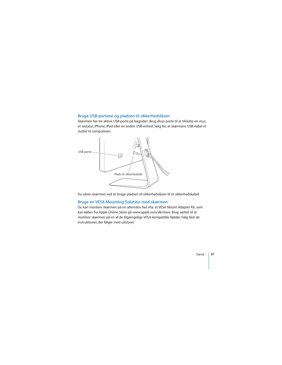 Bruge usb-portene og pladsen til sikkerhedslåsen, Bruge en vesa mounting solution med skærmen | Apple LED Cinema Display (2008) User Manual | Page 97 / 122