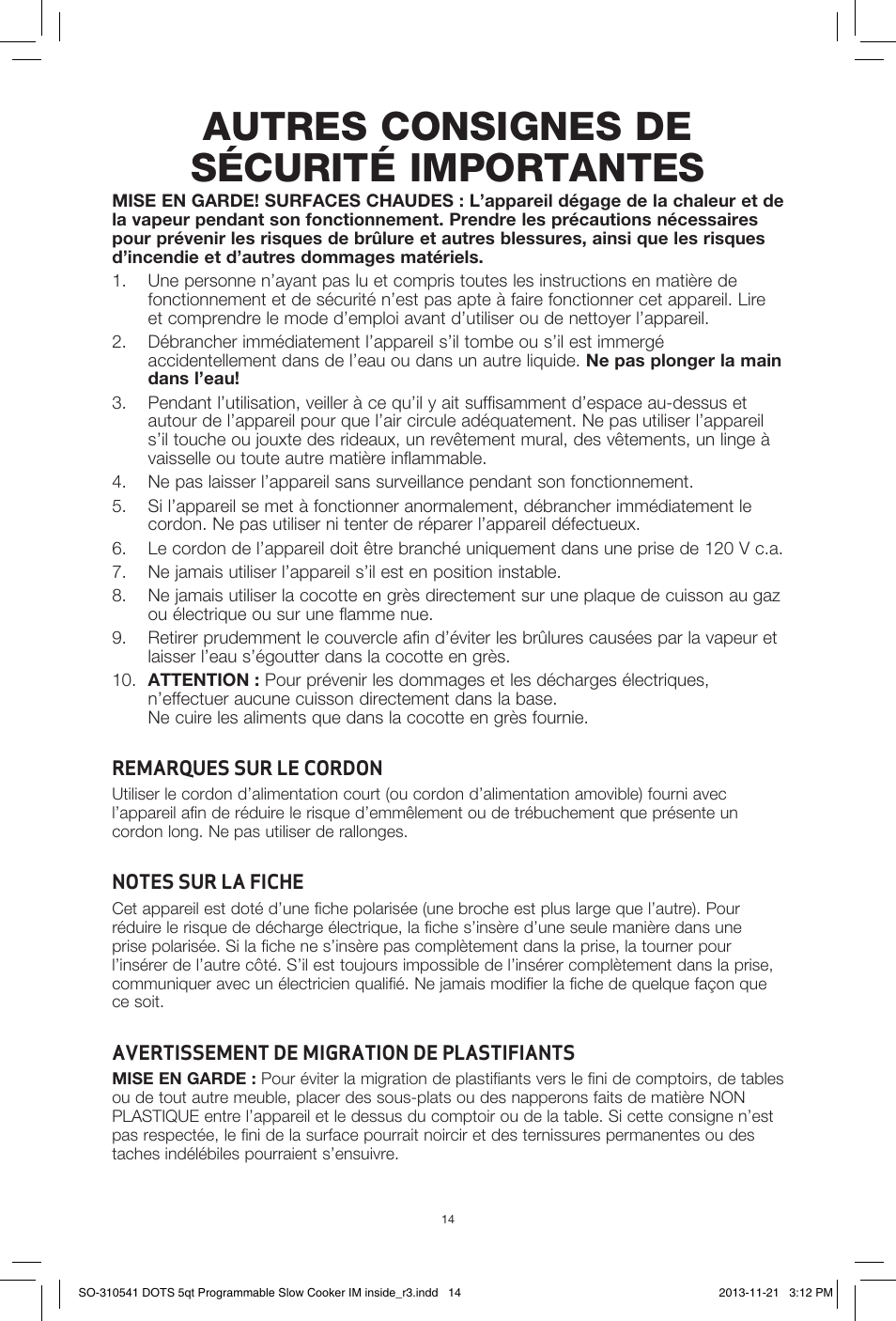 Autres consignes de sécurité importantes | BELLA 13963 Dots Collection 5QT Programmable Slow Cooker User Manual | Page 15 / 37