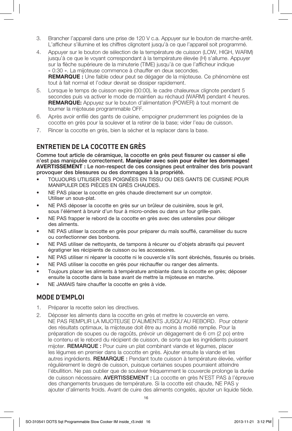 Entretien de la cocotte en grès, Mode d’emploi | BELLA 13963 Dots Collection 5QT Programmable Slow Cooker User Manual | Page 17 / 37