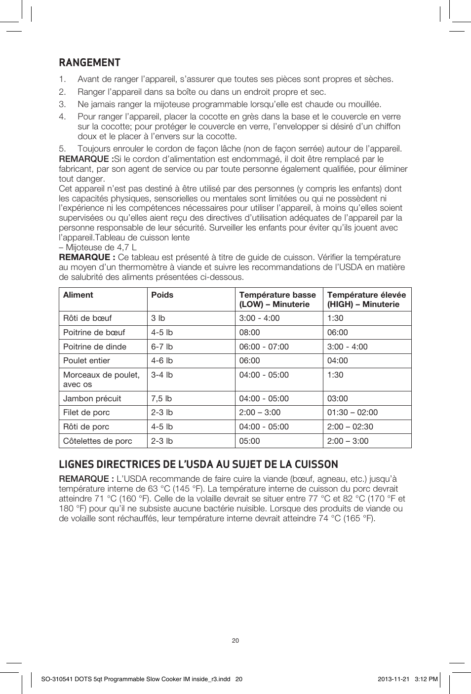 Rangement | BELLA 13963 Dots Collection 5QT Programmable Slow Cooker User Manual | Page 21 / 37