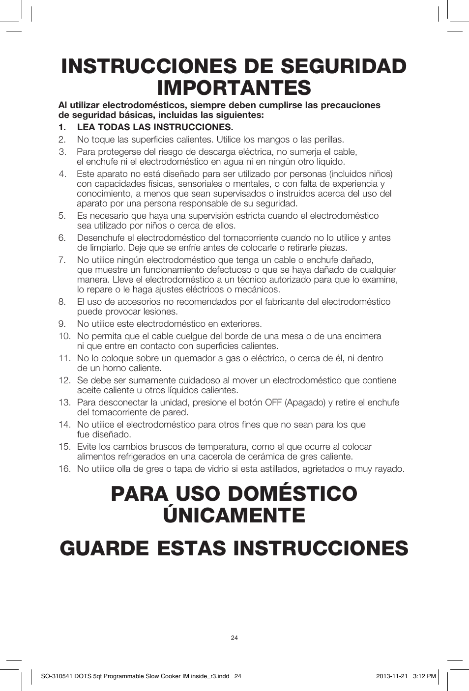 Instrucciones de seguridad importantes | BELLA 13963 Dots Collection 5QT Programmable Slow Cooker User Manual | Page 25 / 37