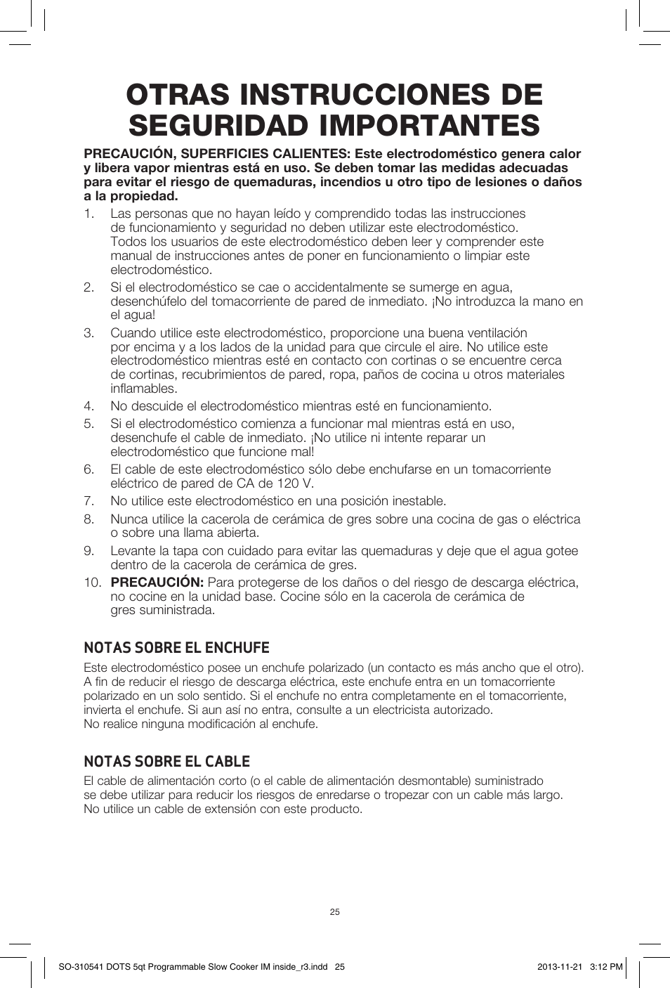 Otras instrucciones de seguridad importantes | BELLA 13963 Dots Collection 5QT Programmable Slow Cooker User Manual | Page 26 / 37