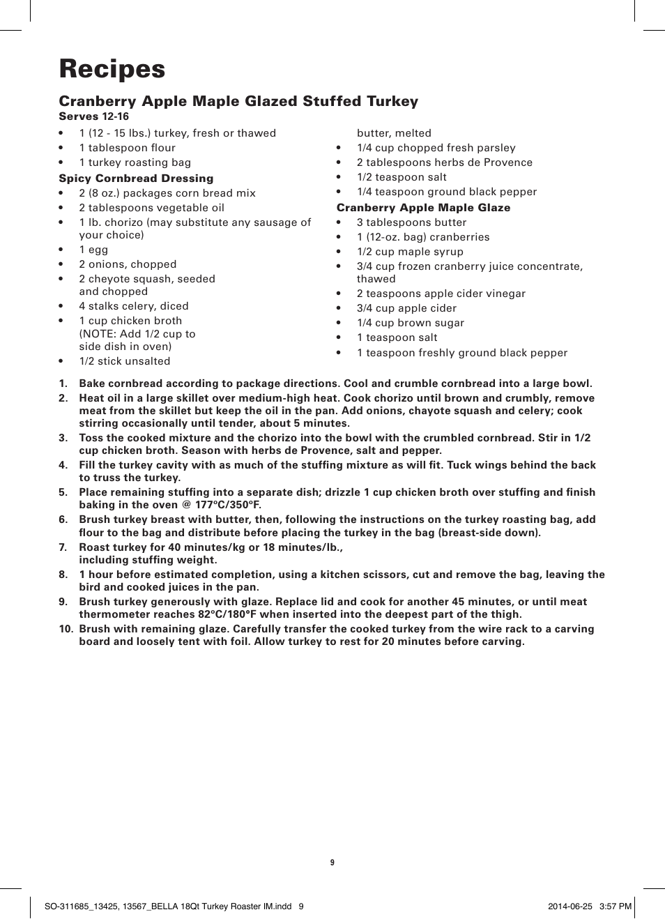 Recipes, Cranberry apple maple glazed stuffed turkey | BELLA 13567 18QT Turkey Roaster User Manual | Page 11 / 34