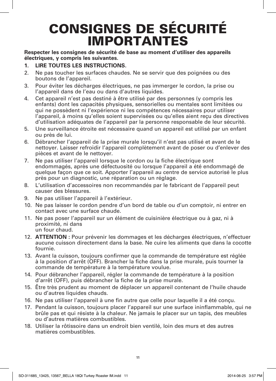 Consignes de sécurité importantes | BELLA 13567 18QT Turkey Roaster User Manual | Page 13 / 34