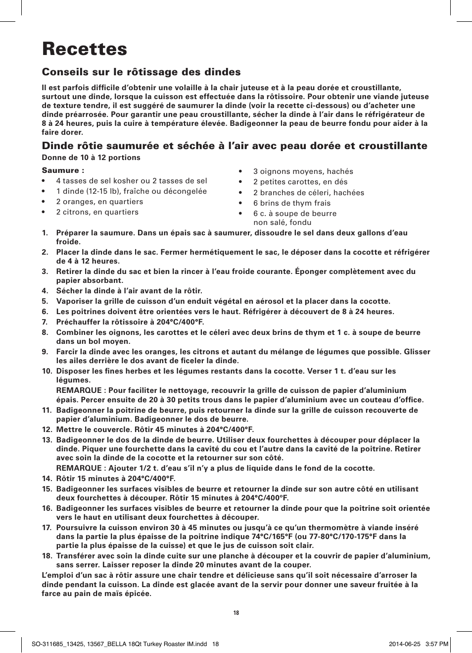 Recettes, Conseils sur le rôtissage des dindes | BELLA 13567 18QT Turkey Roaster User Manual | Page 20 / 34