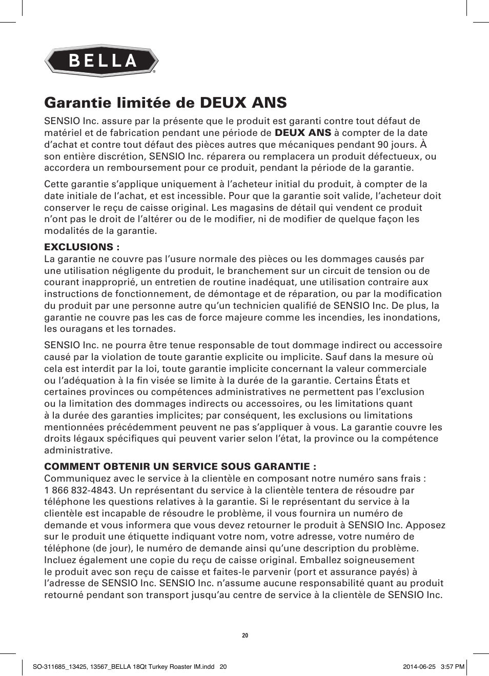 Garantie limitée de deux ans | BELLA 13567 18QT Turkey Roaster User Manual | Page 22 / 34