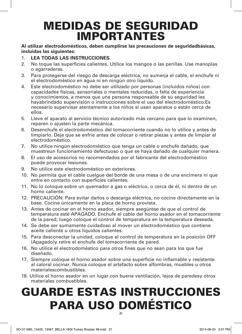 Medidas de seguridad importantes, Guarde estas instrucciones para uso doméstico | BELLA 13567 18QT Turkey Roaster User Manual | Page 23 / 34