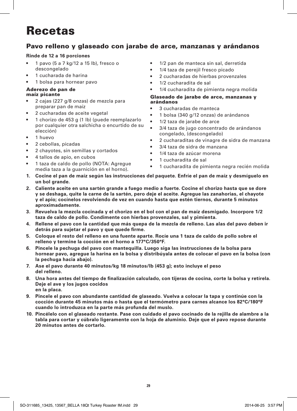 Recetas | BELLA 13567 18QT Turkey Roaster User Manual | Page 31 / 34