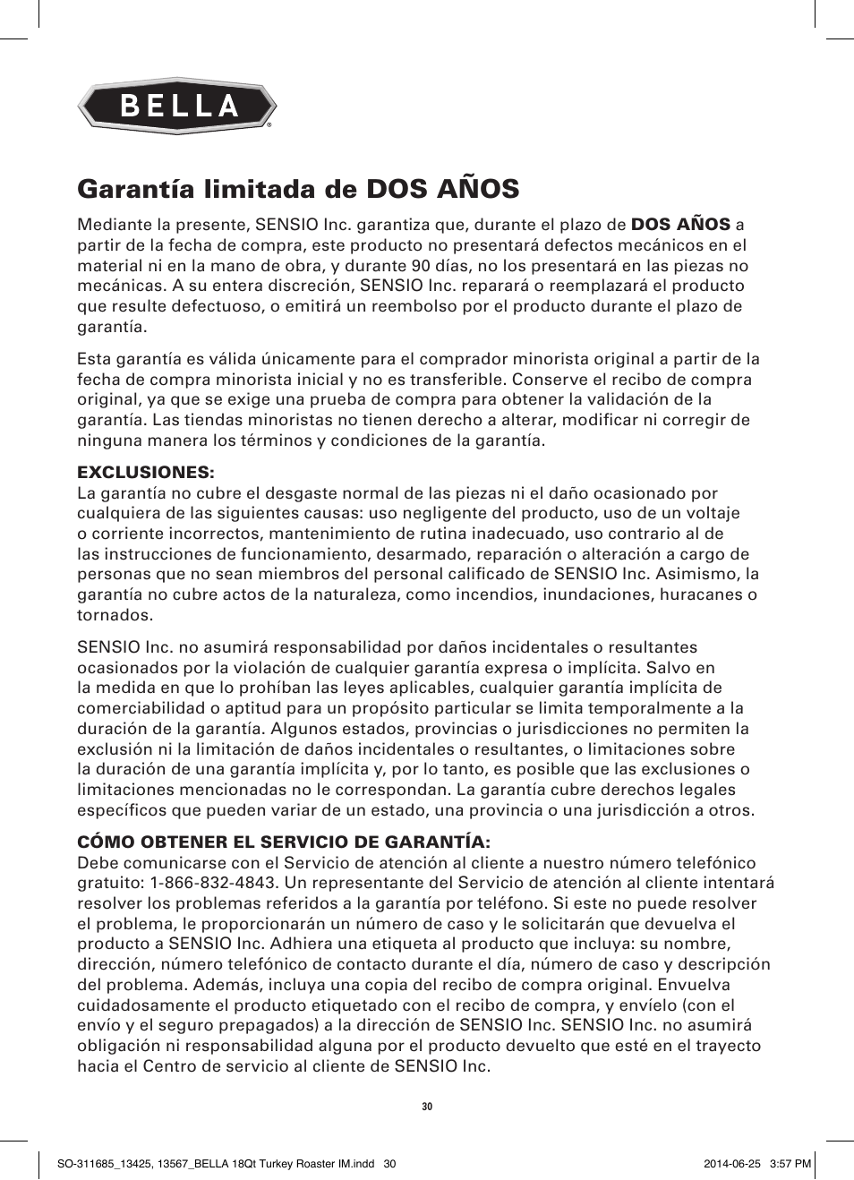 Garantía limitada de dos años | BELLA 13567 18QT Turkey Roaster User Manual | Page 32 / 34