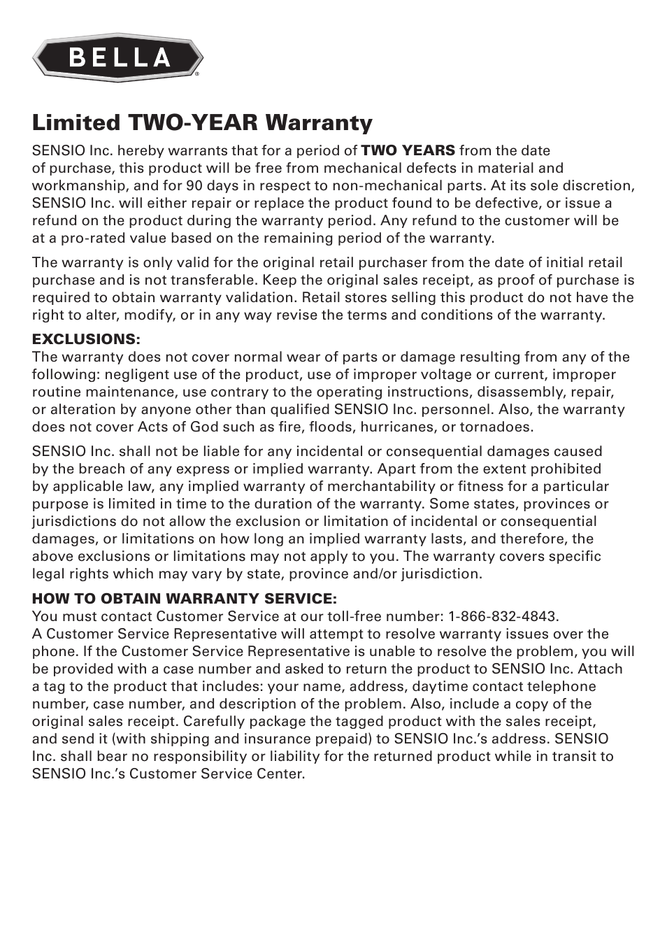 Limited two-year warranty | BELLA 13697 Cordless Warming Tray User Manual | Page 10 / 28