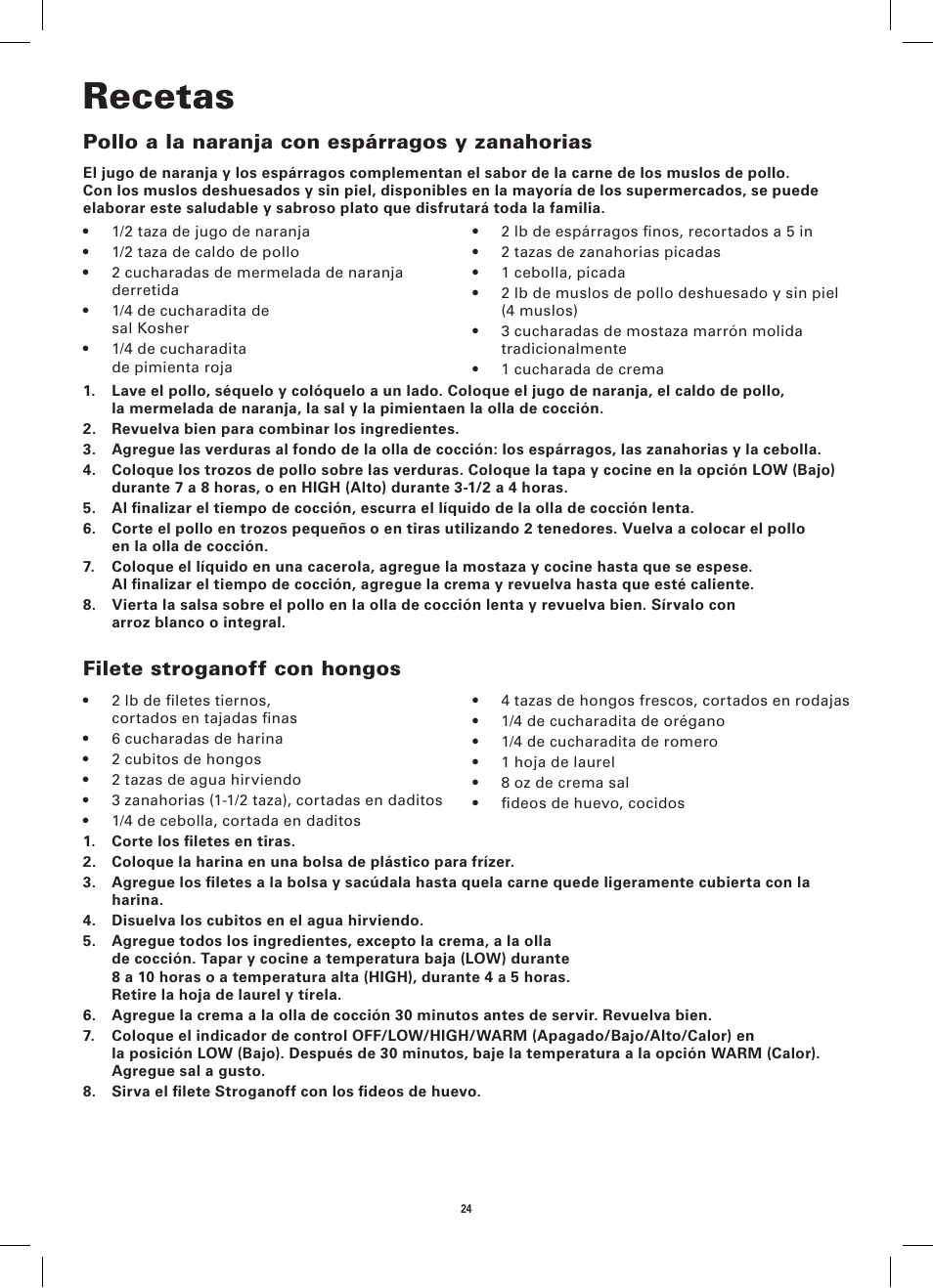 Recetas, Pollo a la naranja con espárragos y zanahorias, Filete stroganoff con hongos | BELLA 13697 Cordless Warming Tray User Manual | Page 26 / 28