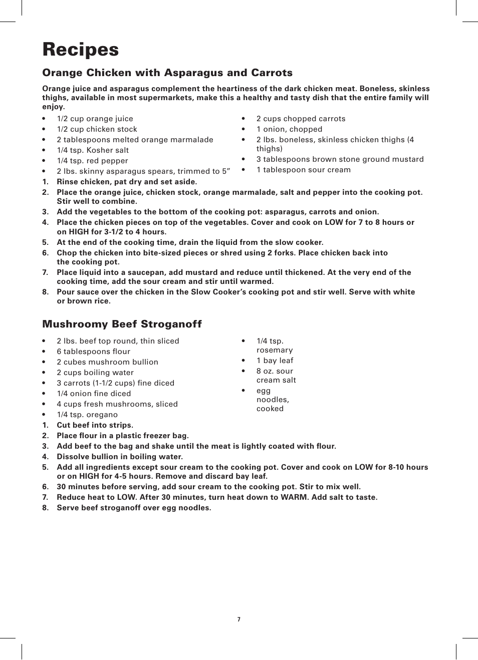 Recipes, Orange chicken with asparagus and carrots, Mushroomy beef stroganoff | BELLA 13697 Cordless Warming Tray User Manual | Page 9 / 28