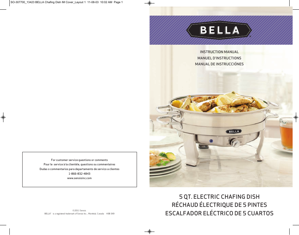 BELLA 13423 5QT Electric Chafing Dish User Manual | 1 page