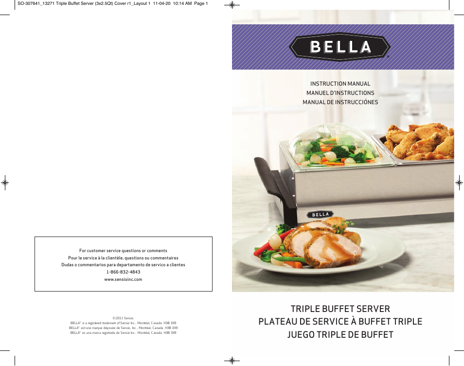 BELLA 13271 2.5 QT Triple Buffet Server and Warming Tray User Manual | 11 pages